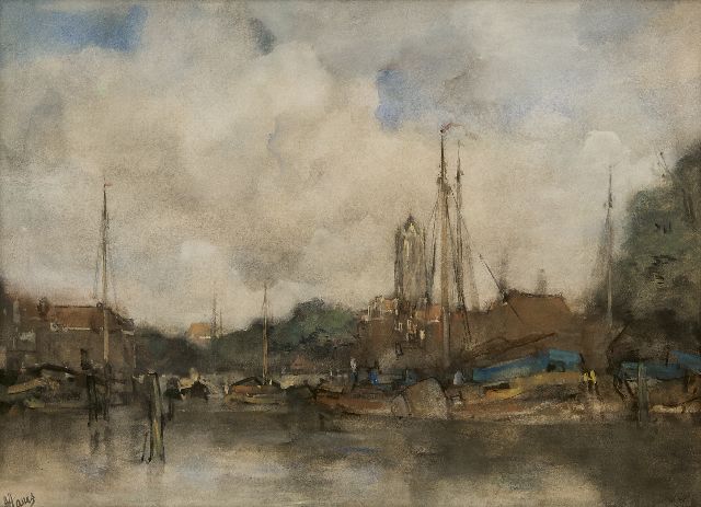 Jacob Maris | A view of the inner harbour of  Utrecht and the Dom tower, watercolour on paper, 42.0 x 57.4 cm, signed l.l.