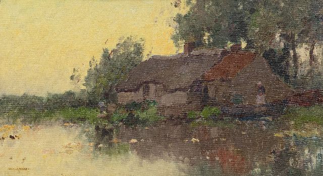 Knikker A.  | Farm at the water's edge, oil on canvas laid down on panel 25.1 x 45.0 cm, signed l.l.