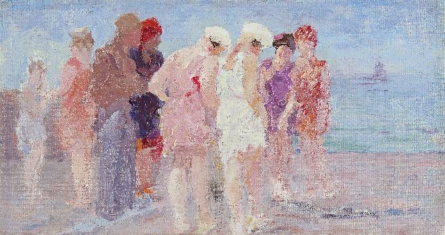 Vaarzon Morel W.F.A.I.  | At the beach, oil on canvas 19.9 x 37.0 cm