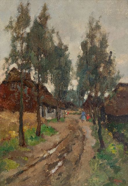 Cor Noltee | A village road with mother and child, oil on canvas, 50.2 x 35.1 cm, signed l.r.