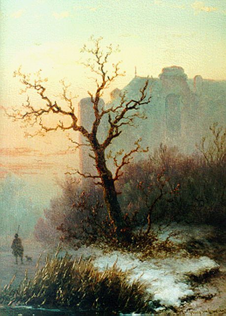 Hoppenbrouwers J.F.  | A hunter at dawn, oil on panel 23.2 x 17.2 cm, signed l.r. and dated '57