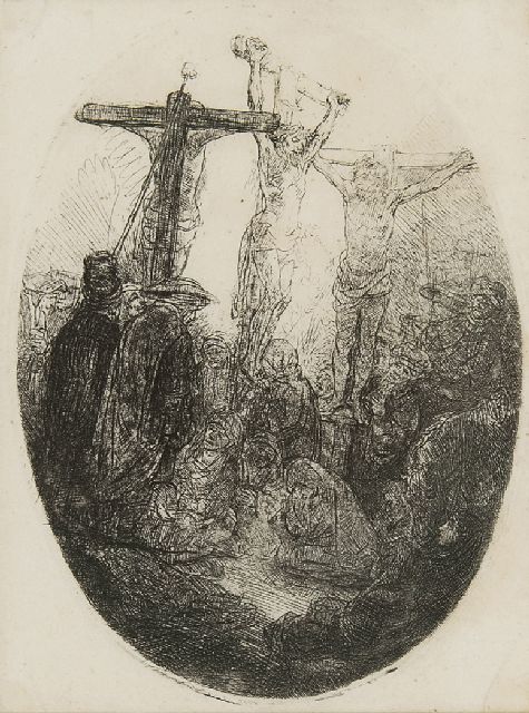 Rembrandt | Christ crucified between the two thieves, etching, 13.3 x 10.4 cm