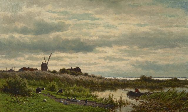 Everdingen A. van | A Dutch polder landscape wit an angler, oil on canvas 45.1 x 75.6 cm, signed l.l.
