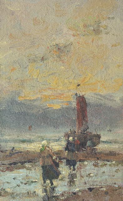 Morgenstjerne Munthe | Fisher women on the beach, oil on canvas laid down on panel, 23.2 x 14.2 cm, signed l.l. and ca. 1914