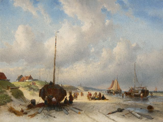 Leickert C.H.J.  | Fishing folk on the beach, oil on canvas 77.8 x 103.5 cm, without frame