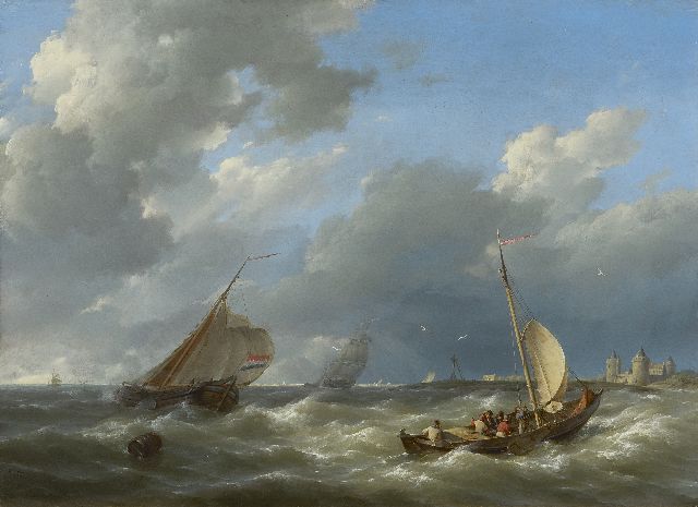 Koekkoek H.  | Shipping off the coast near the Muiderslot, oil on panel 29.5 x 40.7 cm, signed l.l. and dated 1842