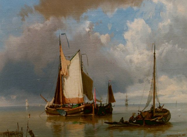Koekkoek J.H.B.  | Shipping in a calm, oil on canvas 24.0 x 32.0 cm, signed l.r. and dated 1861