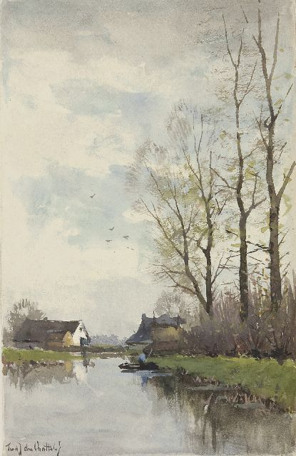 Rossum du Chattel F.J. van | A polder landscape, watercolour on paper 17.1 x 11.0 cm, signed l.l.
