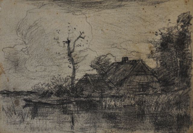 Tholen W.B.  | Farmhouse in a polder landscape, charcoal on paper 10.1 x 15.1 cm
