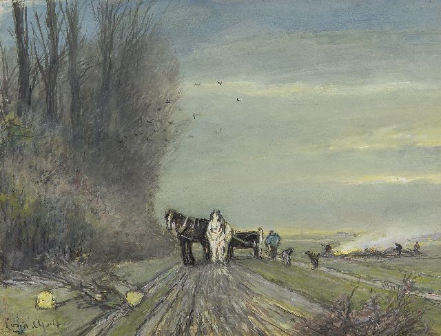 Apol L.F.H.  | A horse-drawn cart on a country road in winter, gouache on paper 18.0 x 23.2 cm, signed l.l.