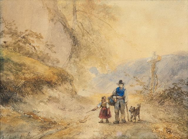 Andreas Schelfhout | Travellers on a country road, pencil and watercolour on paper, 23.3 x 30.5 cm, signed l.l.