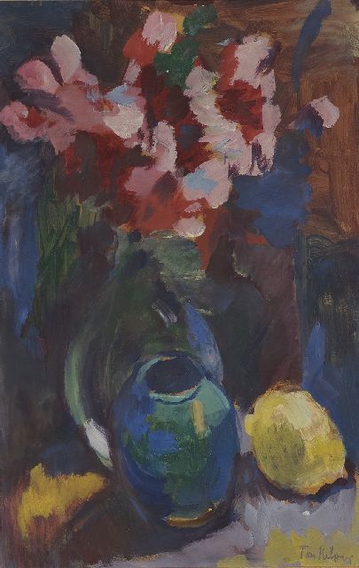 Kelder A.B.  | A still life with flowers, a vase and a lemon, gouache on paper 40.0 x 28.2 cm, signed l.r.