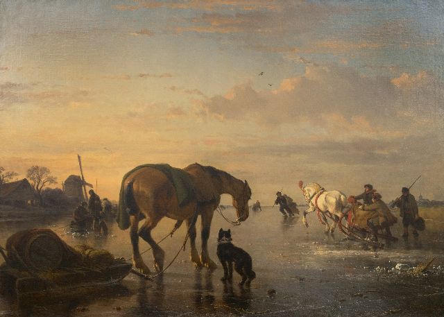 Moerenhout J.J.  | Horses and sledges on a frozen river, oil on canvas 85.0 x 118.5 cm, signed l.r.