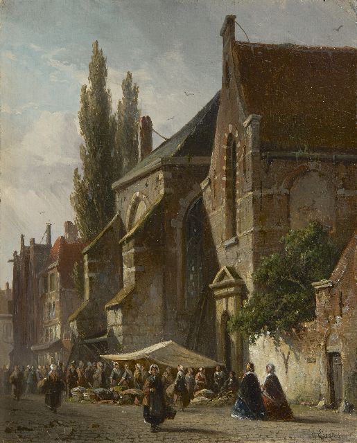Adrianus Eversen | Market day at the church, oil on panel, 19.0 x 15.3 cm, signed l.r.