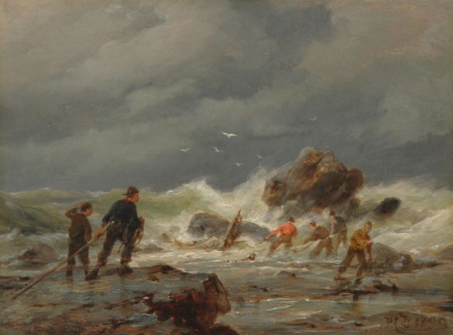Dommershuijzen P.C.  | Salvaging a wreck, oil on panel 15.2 x 20.2 cm, signed l.r. with initials and dated 1895