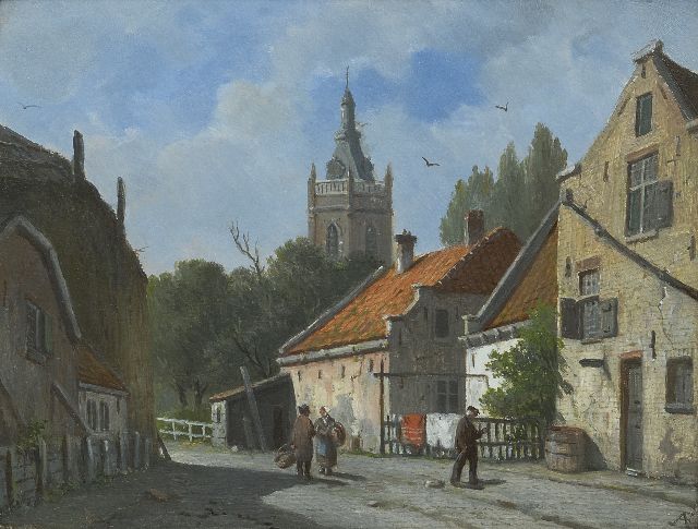 Adrianus Eversen | A sunny town view  in Overschie, oil on panel, 20.7 x 26.8 cm, signed l.r. with monogram