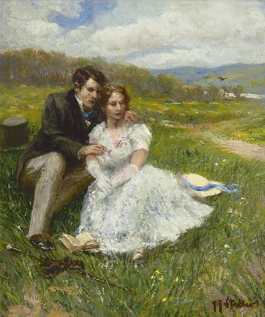 Staller G.J.  | A young couple in the dunes, oil on canvas laid down on board 15.2 x 13.0 cm, signed l.r.