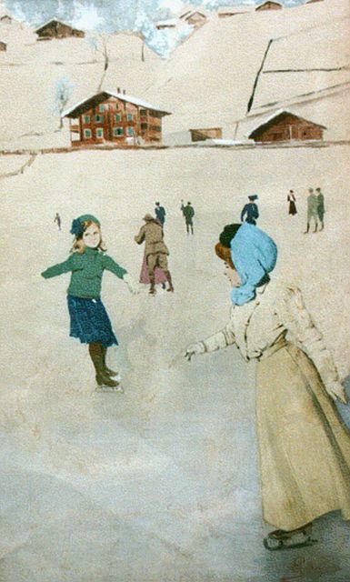 Pellegrini C.  | Skaters on a swiss lake, watercolour and gouache on paper 46.5 x 29.0 cm, signed l.r.