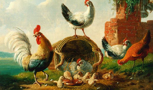 Verhoesen A.  | A rooster and chickens in a landscape, oil on panel 17.8 x 25.2 cm, signed l.l. and dated 1873