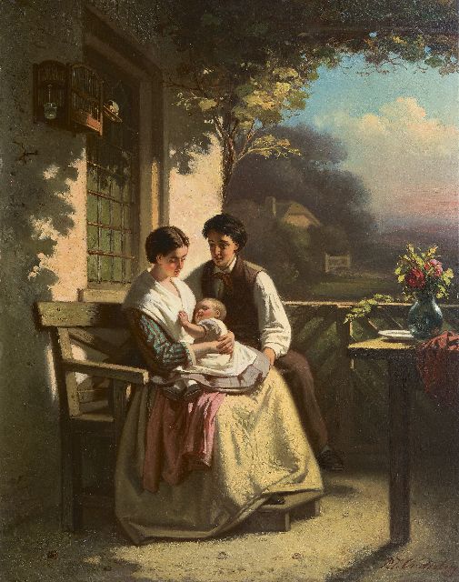 Onderberg P.J.  | A young family on a porch, oil on panel 42.0 x 33.1 cm, signed l.r.