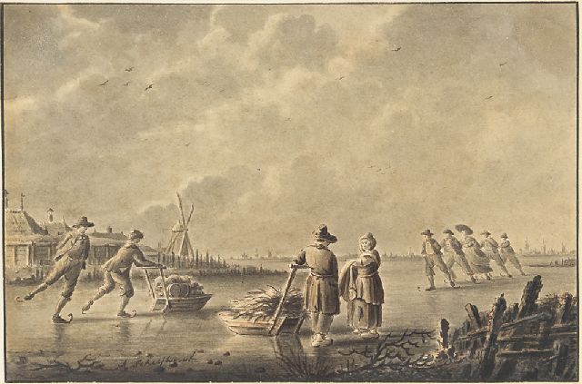Schelfhout A.  | Skaters and sledges on a frozen waterway, pen, brush and ink on paper 13.8 x 20.9 cm, signed l.l. and ca. 1805-1810
