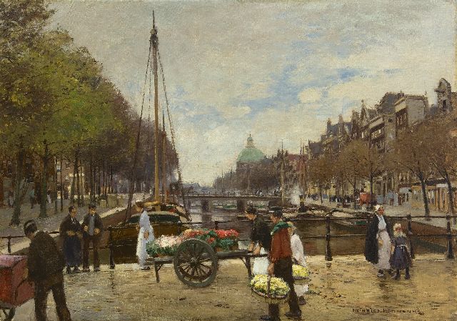 Hermanns H.  | Flower sellers on the Lijnbaansbrug, Amsterdam, oil on canvas 63.9 x 89.5 cm, signed l.r.