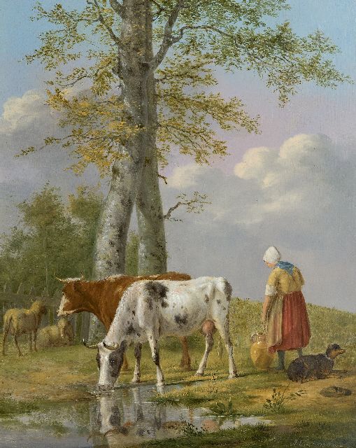 Oberman A.  | Milking time, oil on panel 37.5 x 30.3 cm, signed l.r.