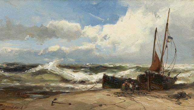 Hermanus Koekkoek jr. | Mending the nets in stormy weather, oil on panel, 18.8 x 33.0 cm, signed l.l.