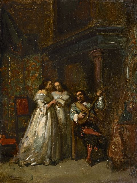 Jacob Maris | Romance, oil on paper laid down on panel, 30.3 x 23.1 cm, signed l.l. and painted ca. 1854-1855
