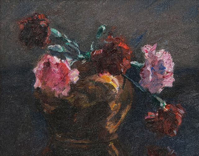 Tonge L.L. van der | Carnations, oil on canvas laid down on panel 23.6 x 28.9 cm