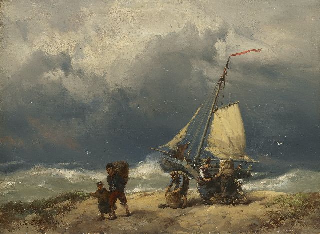 Jan H.B. Koekkoek | Fisherfolk on a windswept beach, oil on panel, 17.2 x 23.4 cm, signed l.l.
