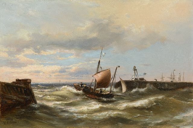 Koekkoek jr. H.  | Entering the harbour with a strong breeze, oil on panel 30.3 x 45.7 cm, signed l.l.