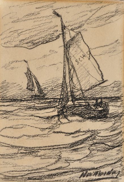 Mesdag H.W.  | Fishing boats at sea, charcoal on paper 19.5 x 13.5 cm, signed l.r.
