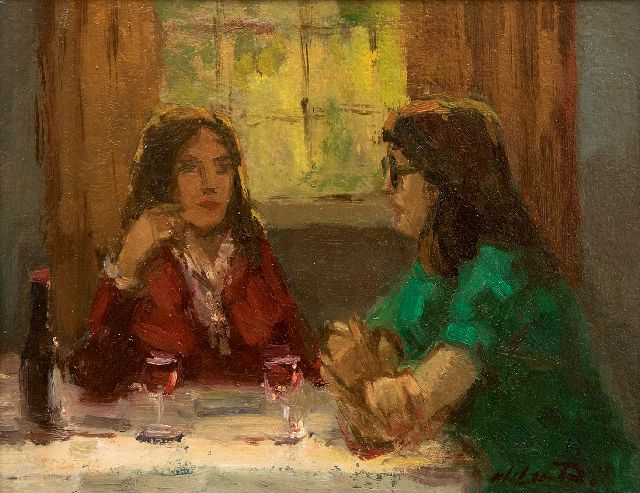 Dinther W.P.M. van | Sharing confidences, oil on board 14.9 x 18.8 cm, signed l.r. and on the reverse