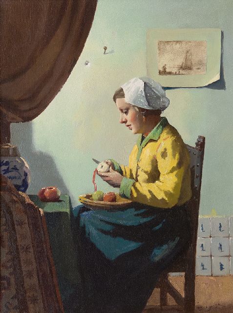 Ligtelijn E.J.  | Young girl peeling an apple, oil on canvas 40.2 x 30.4 cm, signed l.r.