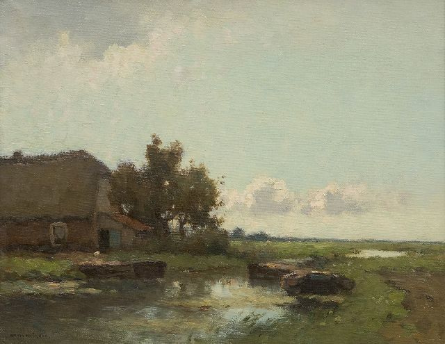 Knikker A.  | Moored barges by a farm, oil on canvas 32.3 x 41.1 cm, signed l.l.