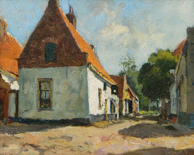 Jan van Vuuren | A sunlit village street, oil on canvas, 24.1 x 30.1 cm, signed l.r.