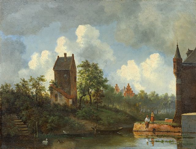 Albertus Brondgeest | Slotgracht met een visser, olieverf op paneel, 34,5 x 45,0 cm, gesigneerd r.o. met monogram en gedateerd 1826