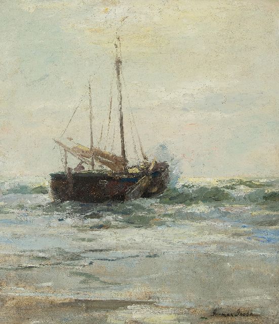 Grobe P.G.  | A fishing vesselin the surf, Katwijk, oil on canvas laid down on panel 46.4 x 40.5 cm, signed l.r.
