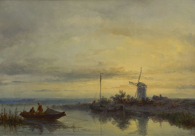 Johannes Hilverdink | A river landscape with a rowing boat and fishermen, oil on panel, 31.1 x 44.5 cm, signed l.r. and dated 1869