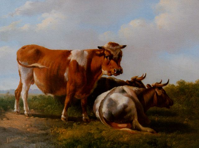 Verhoesen A.  | A bull and two cows in a meadow, oil on panel 17.0 x 22.4 cm, signed l.l. and dated 1846