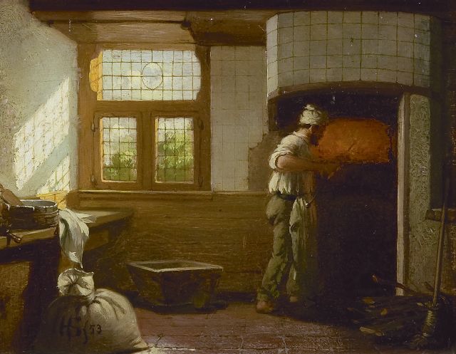 Scheeres H.J.  | A baker at work, oil on panel 13.3 x 17.1 cm, signed l.l. with monogram and dated '53