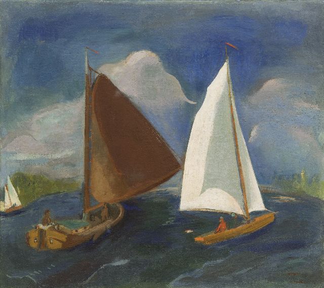Wiegers J.  | Sailing boats on the Paterswoldsemeer, wax paint on canvas 45.5 x 50.4 cm, signed l.r. (twice) and painted ca. 1931