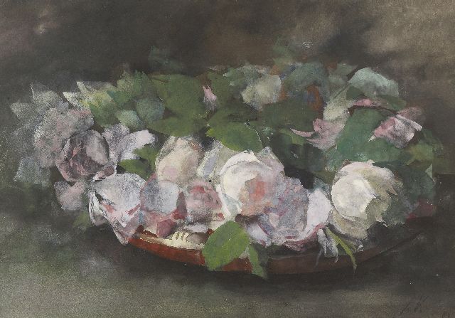 Voerman sr. J.  | Pink 'La France'-roses in a bowl, watercolour on paper 30.0 x 44.0 cm, signed l.r. with initials and dated '89