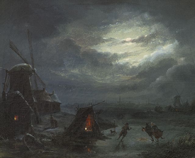 Jan Baptist Tetar van Elven | Moonlit winter landscape with skaters, oil on canvas, 27.3 x 33.6 cm, signed on the reverse