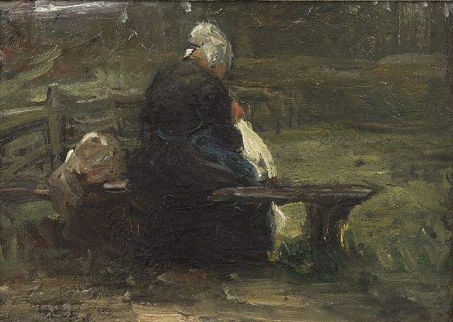 Bernard Blommers | A fisherman's wife on a bench, oil on canvas, 25.0 x 35.1 cm