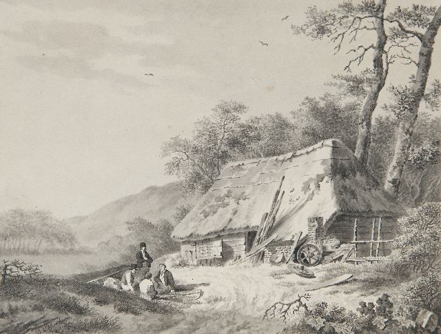 Koekkoek B.C.  | Resting country folk near a barn, pen, brush and ink on paper 17.5 x 22.7 cm, signed l.l.