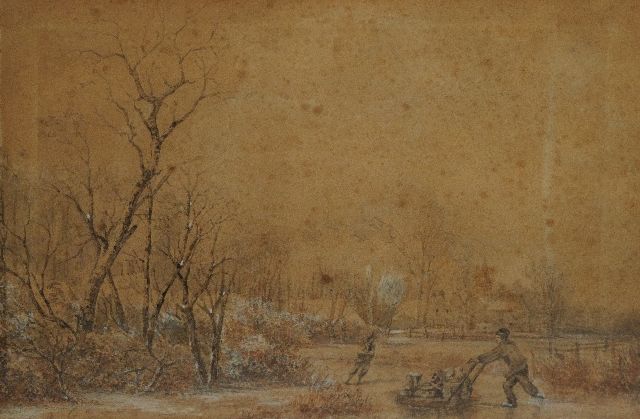 Frans Breuhaus de Groot | Landschap met schaatsers, penseel en Oost-Indische inkt en aquarel op papier - (brush and Indian ink on paper), 19,2 x 28,9 cm, gesigneerd l.o. met initialen