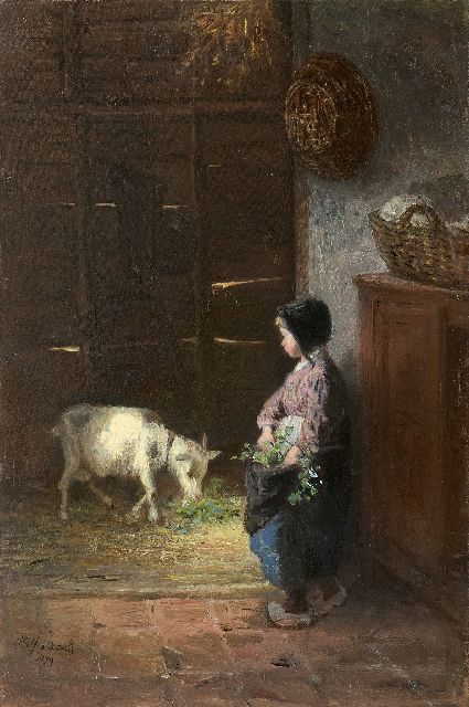 Israëls J.  | Feeding the pet goat, oil on panel 50.0 x 33.6 cm, signed l.l. and dated 1879