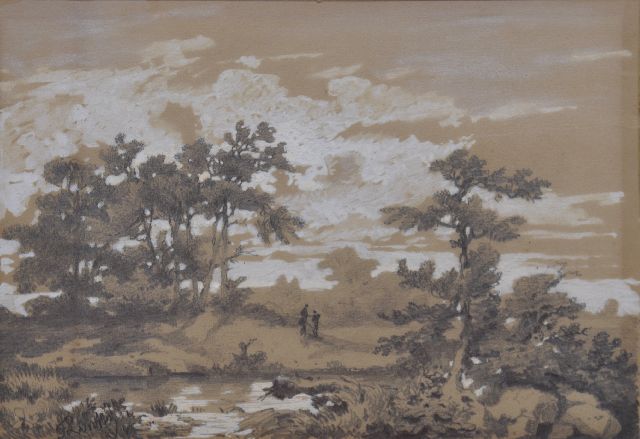 Ferdinand Ernst Lintz | Boslandschap met figuren, potlood en aquarel op gekleurd papier, 13,3 x 18,8 cm, gesigneerd l.o.